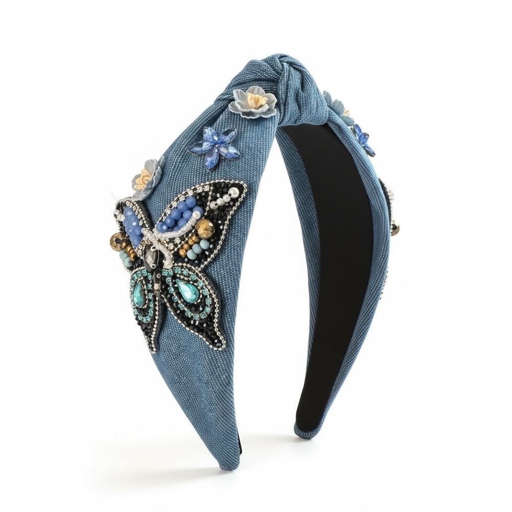 Embellished Blue Headband with Butterfly Design
